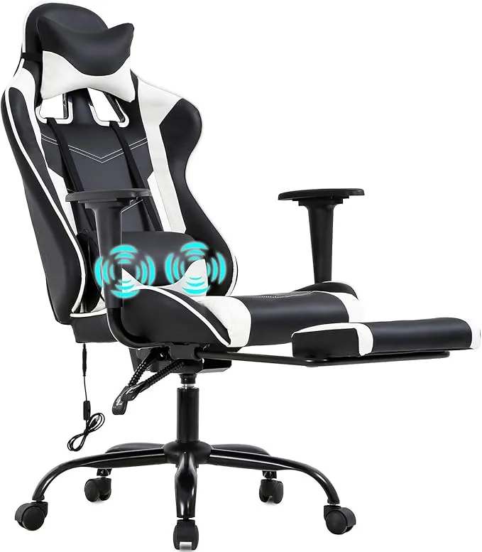 PC Gaming Chair Office Chair Ergonomic Massage PU Leather Recliner Computer Chair with Lumbar Support Rolling Swivel Task Chair for Adults