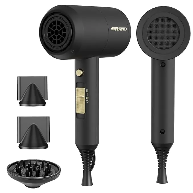 Lightweight Ionic Hair Dryer with Diffuser - Powerful 1800W Blow Dryer for Fast Drying - Professional Low Noise Mini Hair Dryer for Travel, Gifts, Hair Styling (Black)