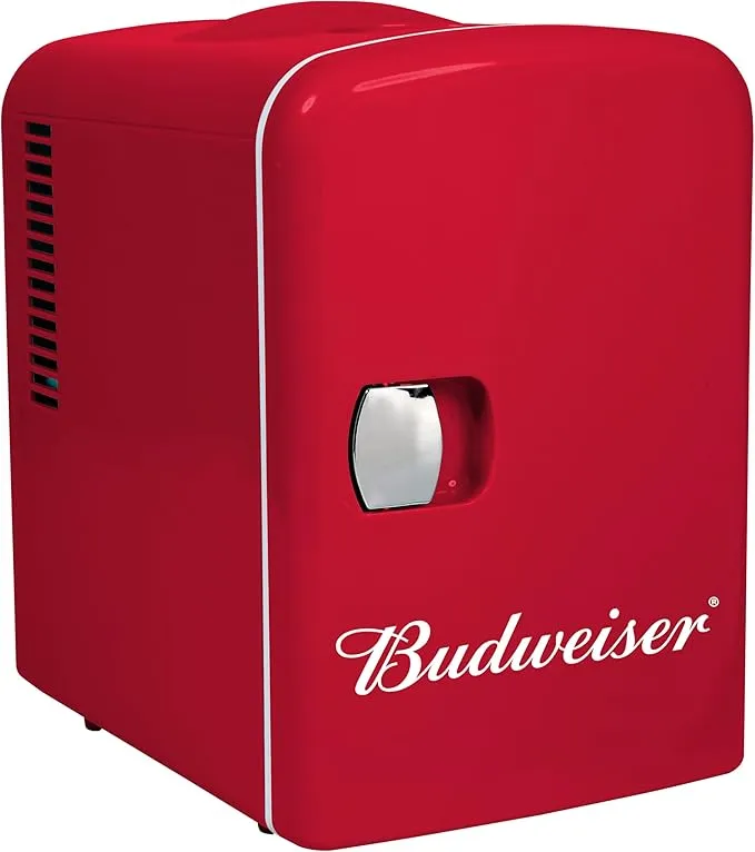 Budweiser MIS135BUD, Mini Portable Compact Personal Fridge Cooler, 4 Liter Capacity Chills Six 12 oz Cans