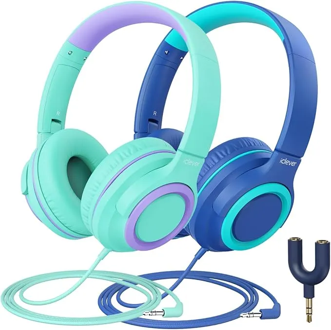 2Pack Kids Headphones with Sharing Splitter - 85dBA Safe Volume Limited - HS22 Wired Headphones
