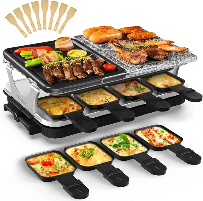 Korean BBQ Grill Raclette Grill Indoor Grills Electric Smokeless Electric Grill 2 in 1 Nonstick Grilling Plate & Cooking Stone Adjustable Temperature 8 Raclette Pans 8 Wooden Spatulas 1300W
