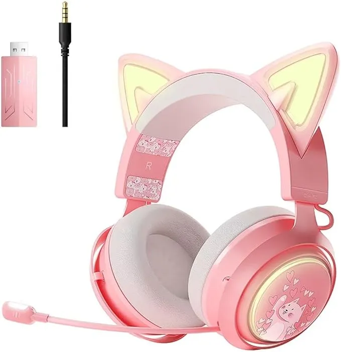 Cat Ear Headphones, 2.4G/Bluetooth Wireless Gaming Headset GS510 Pro - Pink