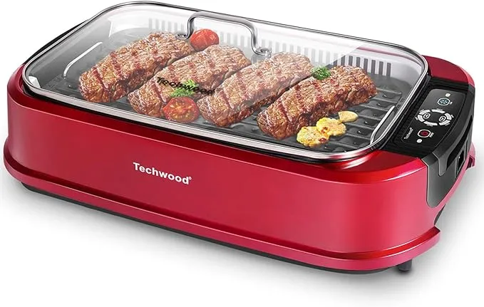 Smokeless Indoor Grill, Techwood 1500W Electric Grill Portable Korean Grill Non-Stick Grill Plates with Temperature Control, Removable Drip Tray, Tempered Glass Lid, Dishwasher-Safe TWRG-200B