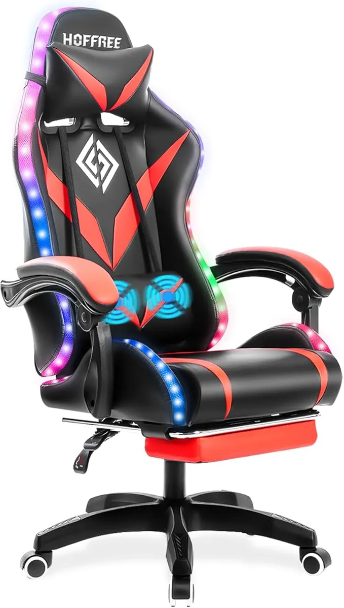RGB Gaming Chair with Massage and LED Lights Ergonomic Computer Chair with Footrest High Back Video Game Chair with Adjustable Lumbar Support Linkage Armrest HOGC-GP202