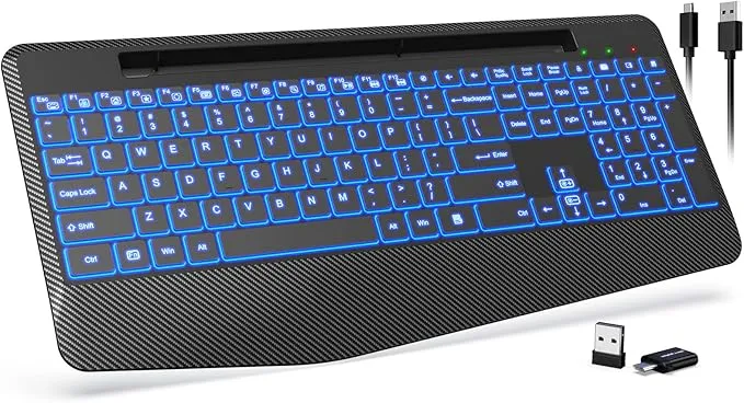 Wireless Keyboard with 7 Colored Backlits, Wrist Rest, Phone Holder, Rechargeable Ergonomic Computer Keyboard with Silent Keys, Full Size Lighted Keyboard