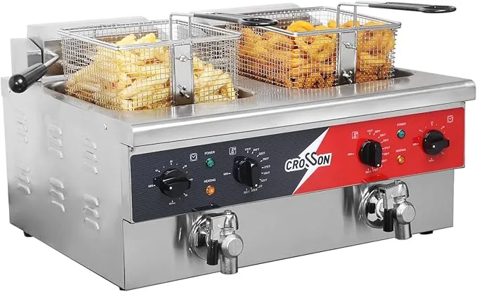 12L Dual Tank Countertop Electric Deep Fryer with Drain, Solid Basket and Lid for Restaurant and Home Use 120V, 3600W Stainless Steel Commercial Deep Fryer (EF-6V-2)