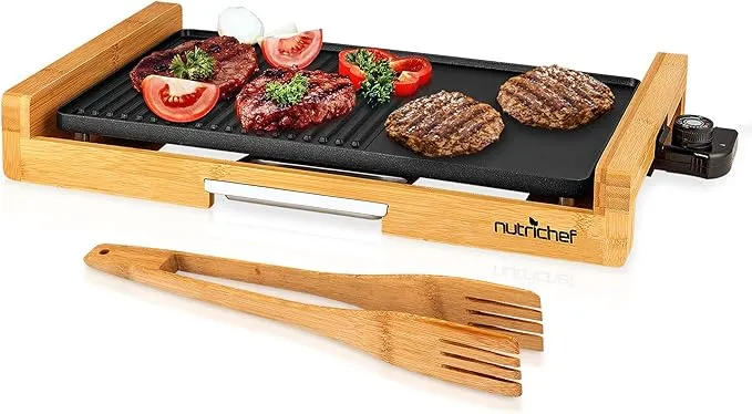 NutriChef Non-stick Plate, Removable Grill & Griddle Plate, Smokeless Electric Bamboo Grill, BBQ Grill with Temperature Control