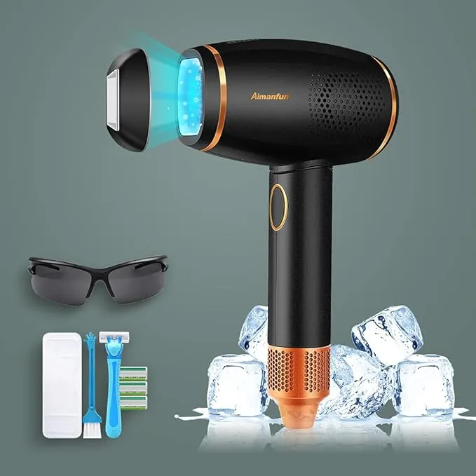 Hair Removal Device with Ice Cooling System Permanent Painless Light Hair Remover with Aoto Flash Modes and 2 Lamp Heads AMF-A3588