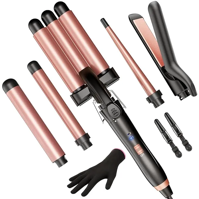 5 in 1 Wand Curling Iron-Kinked Curling Wand Set with Flat Iron Hair Straightener, 3 Barrels Hair Crimper, 3 Ceramic Curling Irons (0.35"-1.25"), MS-C233