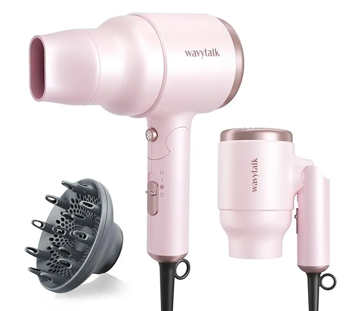 Blow Dryer with Diffuser, Mini Hair Dryer with Folding Handle, 1600W Quiet Lightweight Hairdryer with Diffuser Compact Design