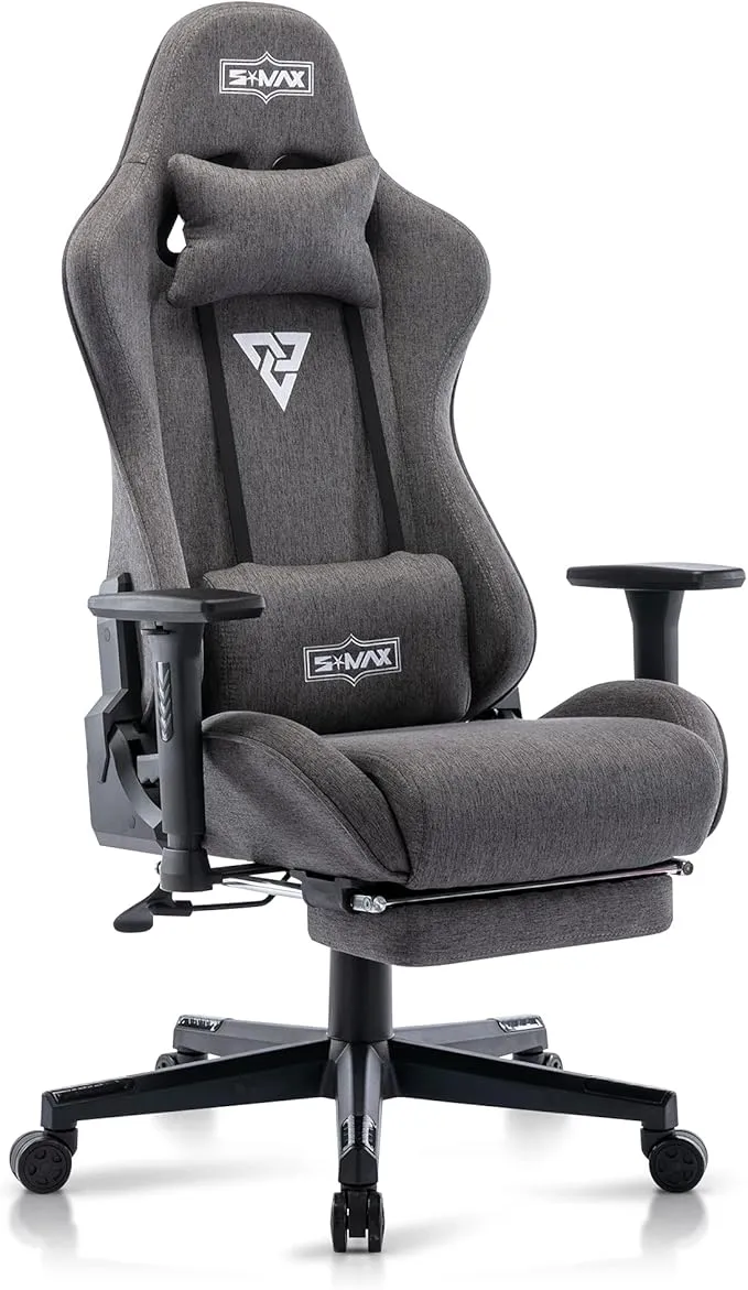 Fabric Gaming Chair with Footrest Thicken Seat Ergonomic Gaming Chair with 3D Armrest Breathable Fabric Gamer Chairs for Adults Headrest Lumbar Support Gaming Chairs for Adults Grey