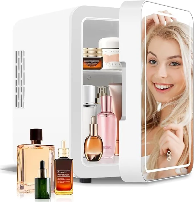 Portable Mini Fridge for Skincare Beauty Cosmetic Makeup, 4-Liter Thermoelectric Cooling and Warming Skin Care Refrigerator With Mirrored Door and Dimmable LED Light