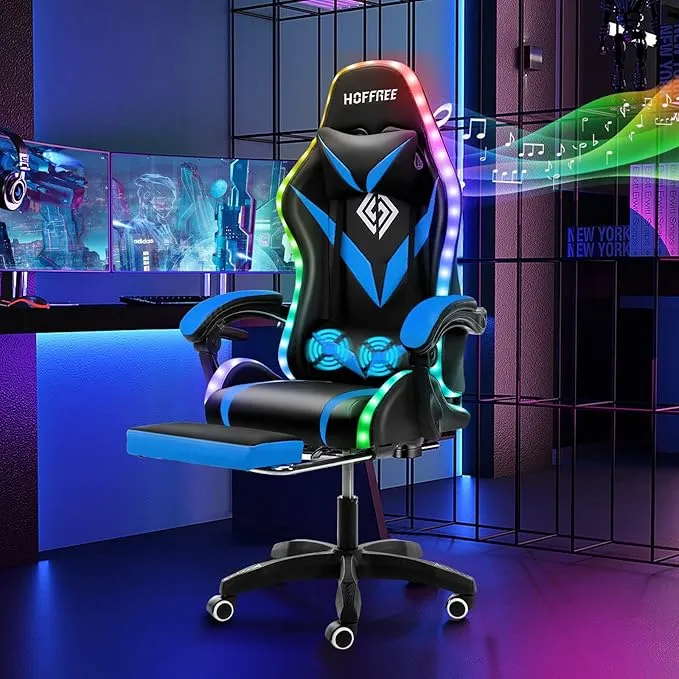 Gaming Chair Massage with Bluetooth Speakers and Led Lights Ergonomic Computer Gaming Chair with Footrest RGB Video Game Chair with High Back Lumbar Support HOGC-203