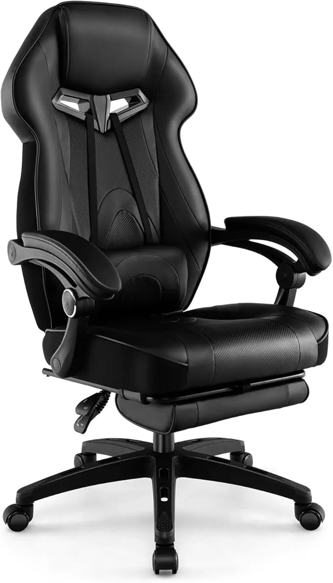 Gaming Chair, Ergonomic Adjustable Racing Video Game Chair w/Retractable Footrest, Padded Headrest & Lumbar Support, High Back Reclining