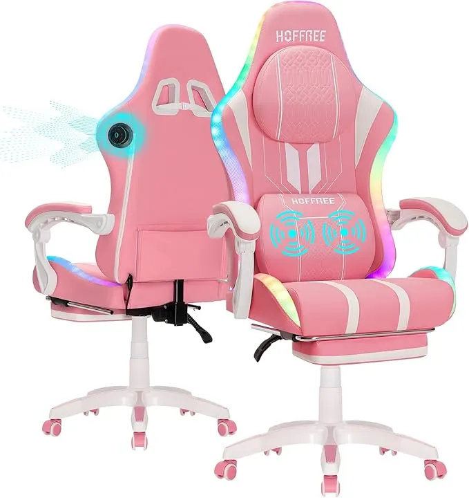 Pink Gaming Chair with Speakers and Massage Led Gaming Chair with Footrest Big and Tall Video Game Chair Reclining High Back Computer Desk Chair for Girls Pink and White HOGC-MAX303