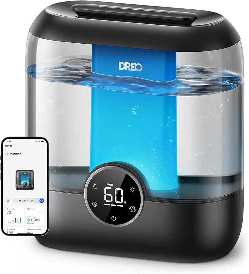 Smart Humidifiers for Bedroom, 6L Top Fill Supersized Cool Mist Humidifier for Large Room, 60 Hour Runtime, Quiet Ultrasonic Humidifiers for Plants, Baby, Indoor, Home, Night Light, Black HM524S DR-HHM004S