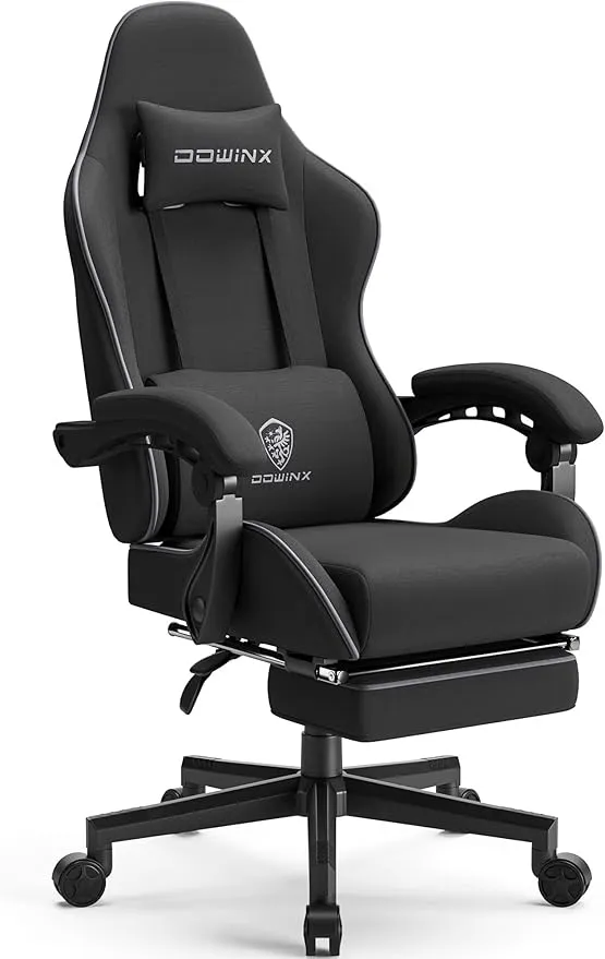 Gaming Chair Fabric with Pocket Spring Cushion, Massage Game Chair Cloth with Headrest, Ergonomic Computer Chair with Footrest 290LBS, Black LS