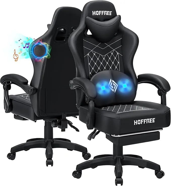 Gaming Chair Computer Chair with Speakers Massage Game Chairs with Footrest Bluetooth High Back Ergonomic Computer Gaming Chairs for Adults Reclining Video Gamer Chair Black