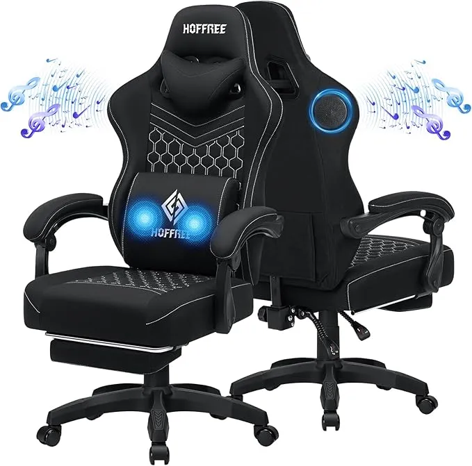 Gaming Chair Computer Chair Fabric with Bluetooth Speakers Massage Game Chair with Footrest Ergonomic High Back Gamer Chair with Lumbar Support Reclining Gaming Chairs for Adults Black Fabric HOGC-FAB502