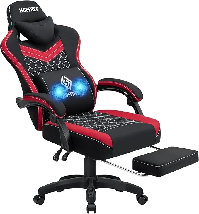 Gaming Chair Computer Chair Fabric with Pocket Spring Cushion Massage Game Chair with Footrest Ergonomic Gamer Chair with Lumbar Support Reclining Gaming Chairs for Adults Red and Black