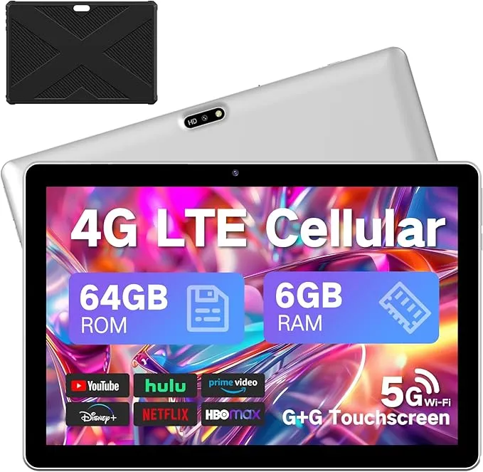 Android Tablet 10.1 inch, 2025 Cellular Tablets with SIM Card Slot, 4G LTE Tablet & Phone, 64GB Storage, 1280x800 IPS, Dual Cameras 8H Battery 5G Wifi with Case