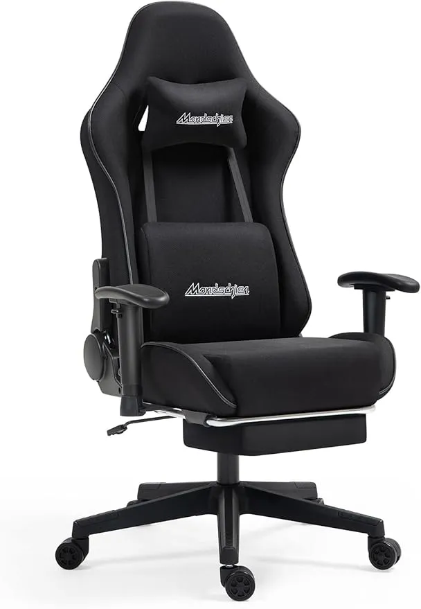 Gaming Chair with Pocket Spring, Fabric Massage Office Chair High Back Ergonomic Reclining Desk Racing Game PC Computer Chair with Footrest, Adjustable Armrest Headrest (Black) 606