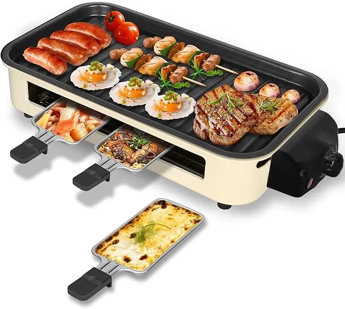 2-in-1 Indoor Smokeless Electric Grill with Raclette Cheese Plates