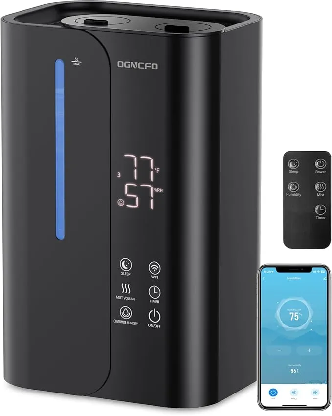 5L Cool Mist Humidifiers for Bedroom Large Room, Top Fill Ultrasonic Smart Air Humidifier for Baby & Plants with Essential Oil Diffuser, 50H Runtime 28 dB Quiet Baby Humidifier HQ-JS2430