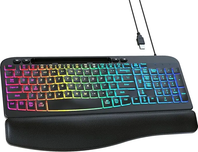 Ergonomic Backlit Keyboard with Wrist Rest, 7 Colors USB Wired Computer Keyboard, Wave Keys, with Phone/Tablet Holder
