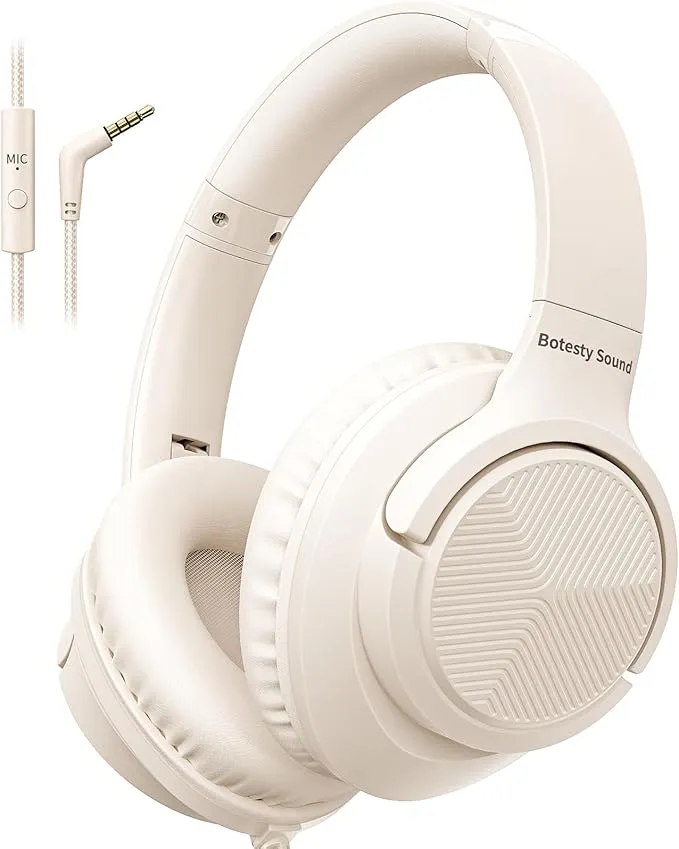 Headphones Wired with Microphone, Over Ear Foldable 3.5mm Plug in Headphones Corded with 4.9ft Tangle-Free Nylon Cord for Tablet, Laptop, MP3/4, School, Airplane Travel (Beige) lris