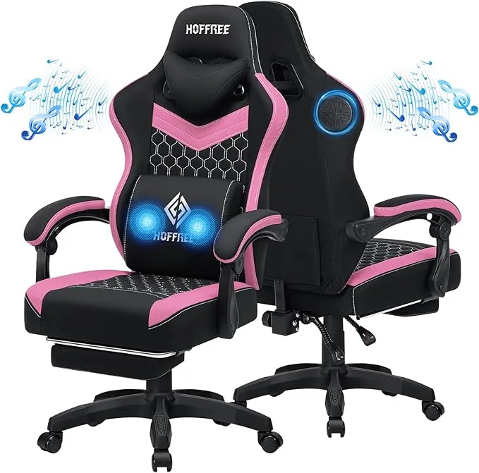 Gaming Chair Computer Chair Fabric with Speakers Massage Game Chair with Footrest Bluetooth Ergonomic High Back Gamer Chairs with Lumbar Reclining Gaming Chairs for Adults Pink and Black