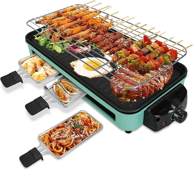1500W Electric Indoor Grill, 2 in 1 Portable Smokeless Indoor Raclette Table Grill, Korean BBQ Grill for Kitchen with Grill Net & Non-Stick Cooking Removable Plate 5 Temperature Control, Dishwasher Safe