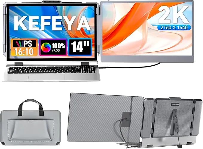 Laptop Screen Extender 2K, 2160x1440 QHD Laptop Monitor Extender Dual Screen, 14” Portable Monitor for Laptops 13-17" with USB-C/HDMI Port
