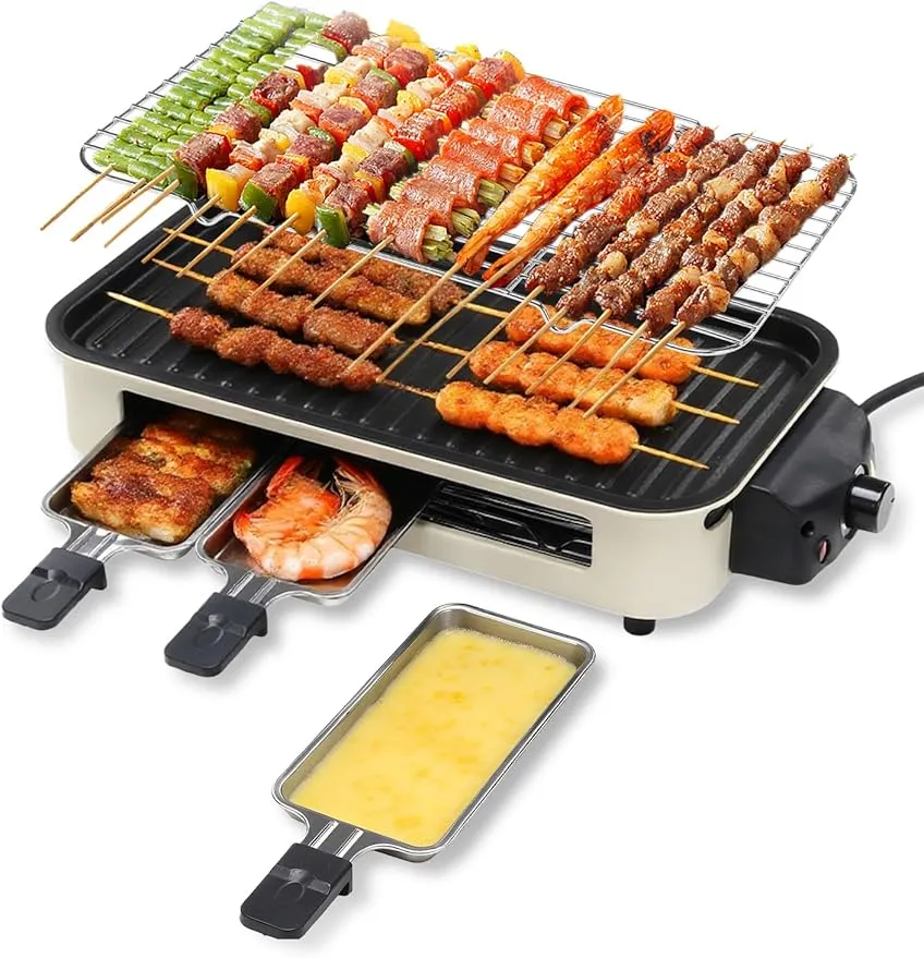 Indoor Grill Smokeless, Compact Electric Grill Inside House for Kitchen Table, 1500W Korean BBQ Grill with Non-Stick Griddle Plate, Removable Raclette Cheese Pans