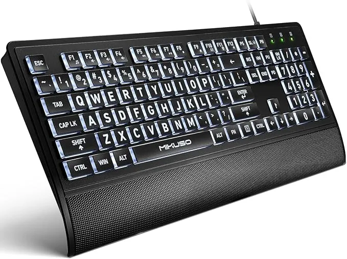 Large Print Backlit Computer Keyboards with Cover, Wired Keyboard White LED Illuminated, Wrist Rest,Numeric Keypad,Big Key USB Corded 104 Full Size