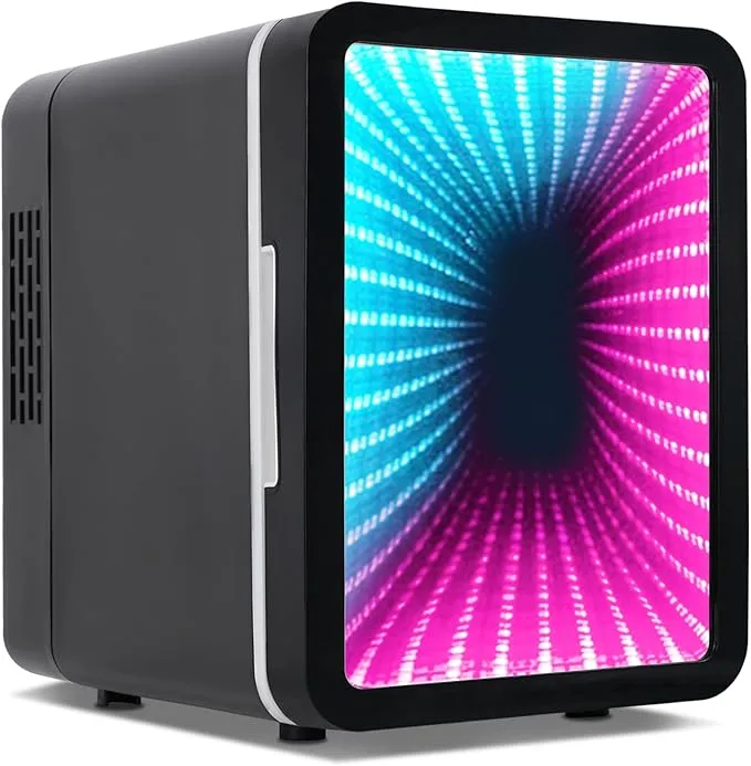 13 Display Modes Dimmable LED Light Mirror Gaming Mini Fridge,4L/6Cans Small Refrigerator LS-4FM-BLACK