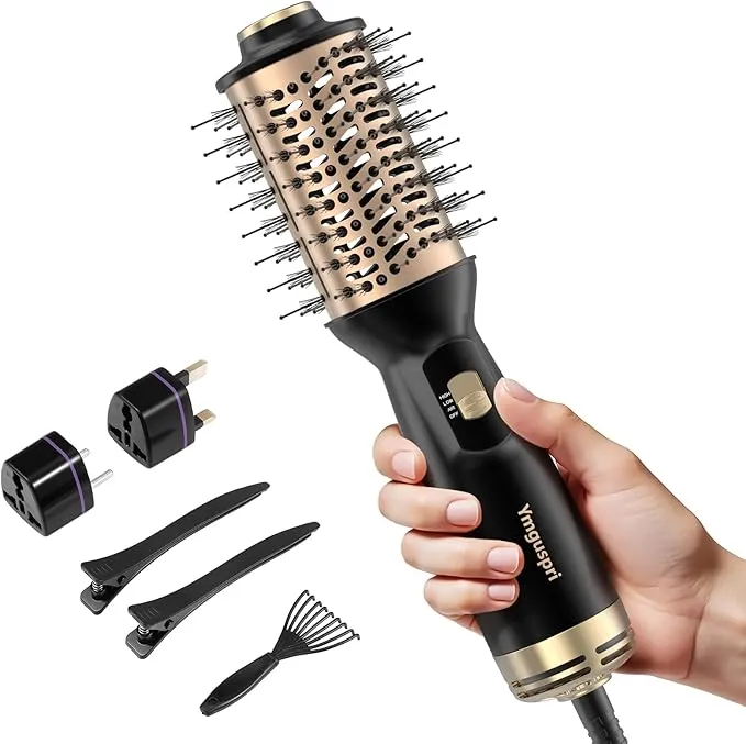 4-in-1 Dual Voltage Hair Dryer Brush, Mini Auto Blow Dryer Brush for European Travel(100-250V), 2 Inch Hot Air Brush One Step Hair Dryer and Styler for Volumizer/Straightener/Curler with EU&UK Plug