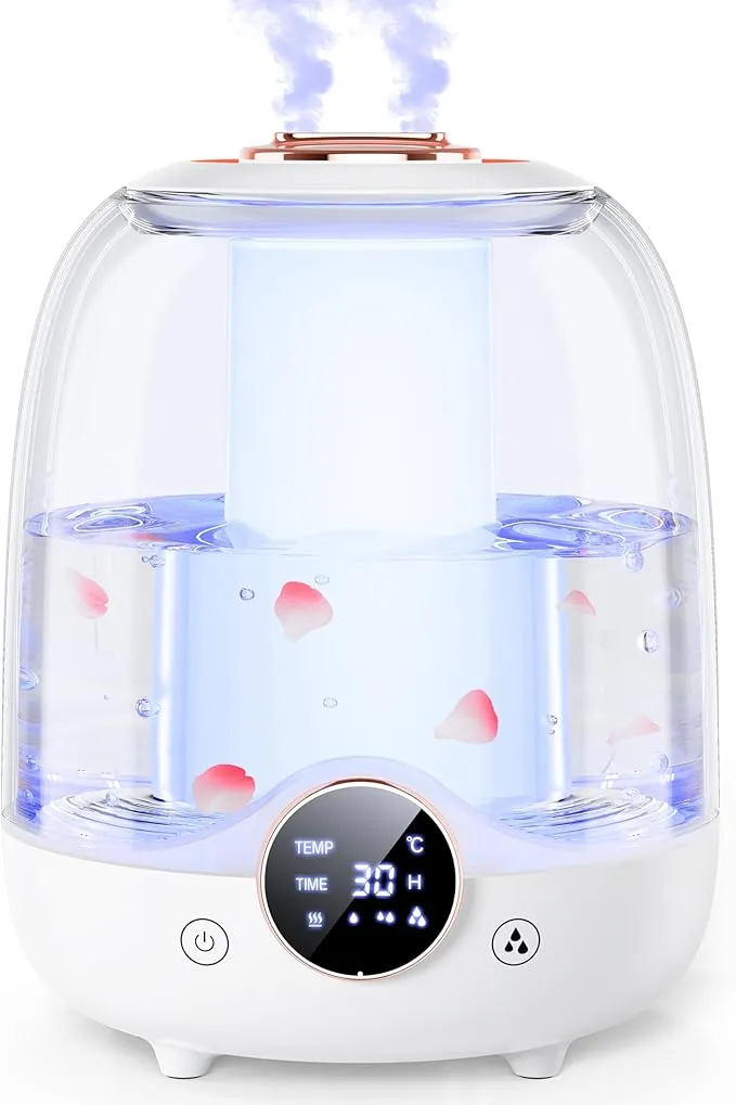 Humidifiers for Bedroom, 3L Tank for 30H 20dB Quiet Mist Time, Dual Nozzles, LED Lights, Smart Timer (2/4/8 Hours), Auto Shut-Off, Perfect for Baby and Large Rooms ZM-Humidifier-White02