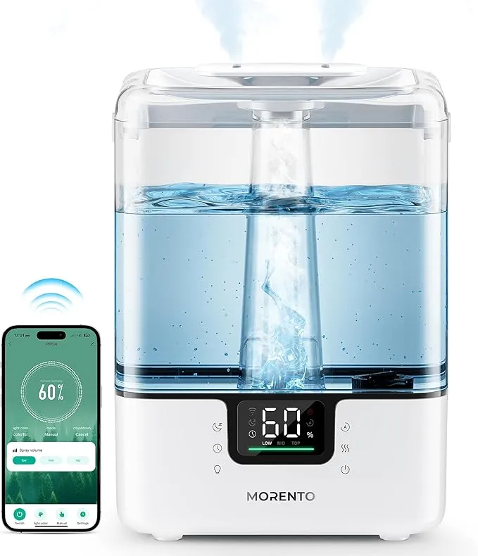 MORENTO Smart Humidifiers for Bedroom Large Room Home, 6L Cool Mist Top Fill Humidifier with Essential Oil Diffuser, Smart App & Voice Control, for Nursery & Plants, White, 1 Pack + 7 Color NightLight MR6w
